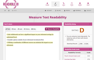 screenshot of Readable IO content review with a grade of D