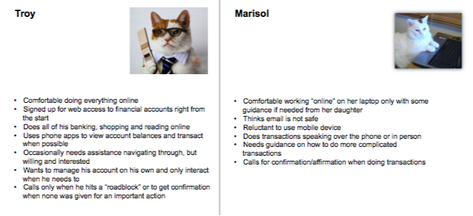 screenshot showing 2 columns, each column has a picture of a cat doing something human-looking with text underneath detailing the personas